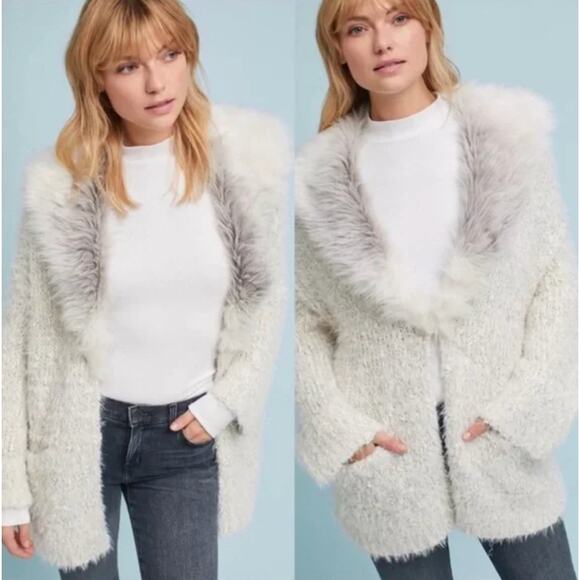 Anthropologie Sleeping on Snow White Knit Cardigan with Faux Fur small - Picture 1 of 3
